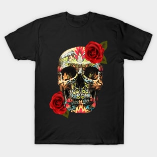 Day Of The Dead Sugar Skull Red Roses T-Shirt